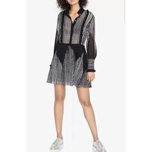 Rachel Roy Black White Print Mini Dress Size 0 | Sheer Long Sleeve Shirt Dress